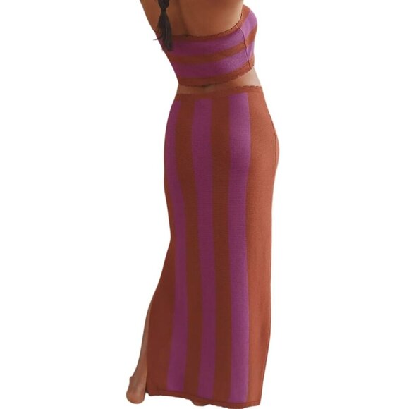 Anthropologie NWT Mandy Stripe Orange Purple Midi Skirt Strapless Top Set Size M - Picture 6 of 16
